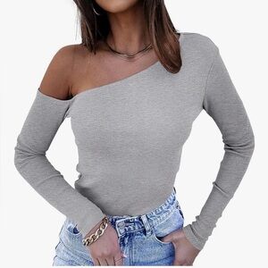 Grey off the shoulder long sleeve ribbed knit top